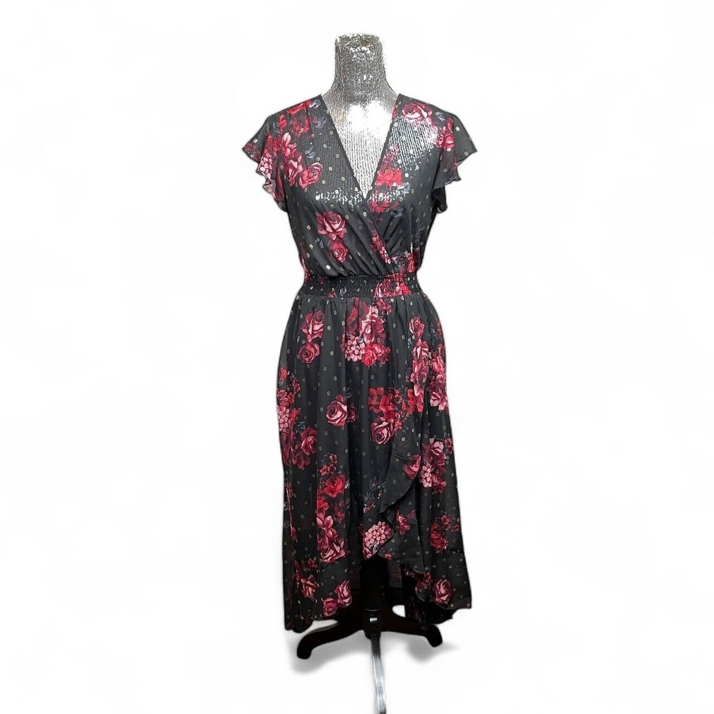 Romantic Sheer Wrap High Low Dress Size 6 Floral Flutter Sleeve Dark V Neck